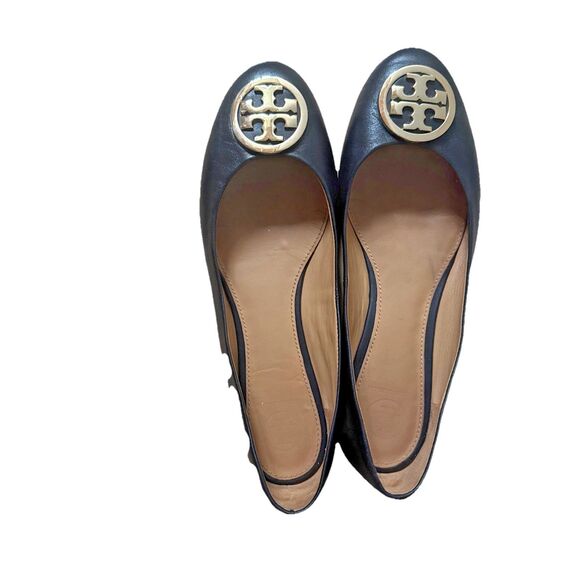 Tory Burch Claire Size 8.5 Black Nappa Leather Gold Tone Ballet Flats - Picture 5 of 12